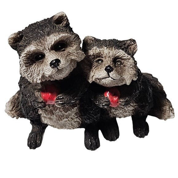 Raccoon Resin Figurines Holding Red Hearts Hand Painted Design Trash Pandas Cute - Picture 1 of 6